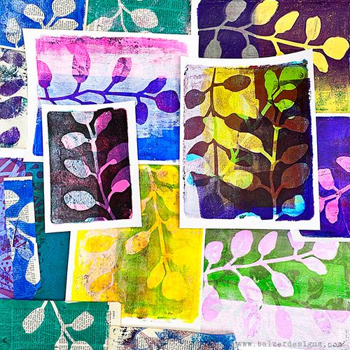 Lots of colorful botanical monoprints of a eucalyptus leaf.