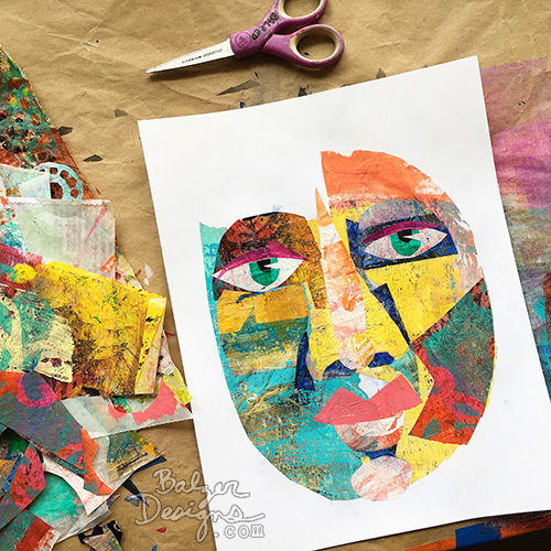 A collaged face made from lots of scraps of painted paper.